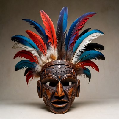 Carved Wooden Mask with Colorful Feathers