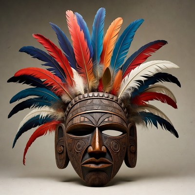 Colorful Feathered Tribal Wood Mask