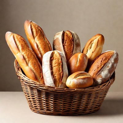 Baguettes and Bread in Wicker Basket