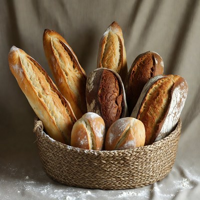 Baguettes and Bread in Wicker Basket