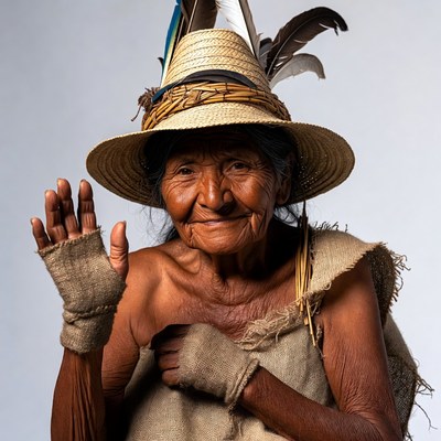 Indigenous woman waving in feathered hat