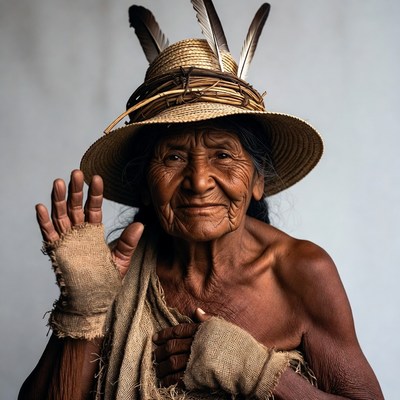 Indigenous woman waving in feathered hat