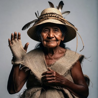 Elderly Indigenous woman waving in hat