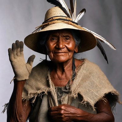 Elderly Indigenous woman waving in hat