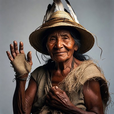 Indigenous woman waving in feathered hat