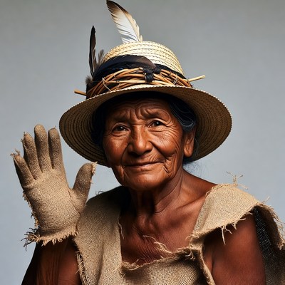 Elderly Indigenous woman waving in hat