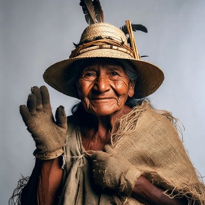 Elderly Indigenous woman waving in hat