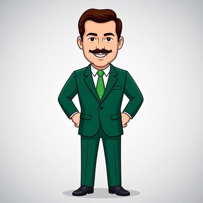 Cartoon man in green suit with hands on hips