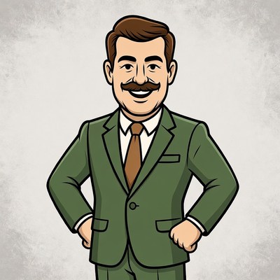 Cartoon man in green suit smiling