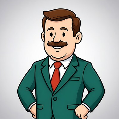 Cartoon man in green suit smiling