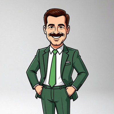 Cartoon man in green suit smiling