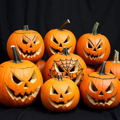 Jack-o'-lantern pumpkins on black background