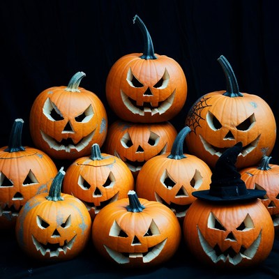 Stack of Jack-o-Lantern Pumpkins with Witch Hat