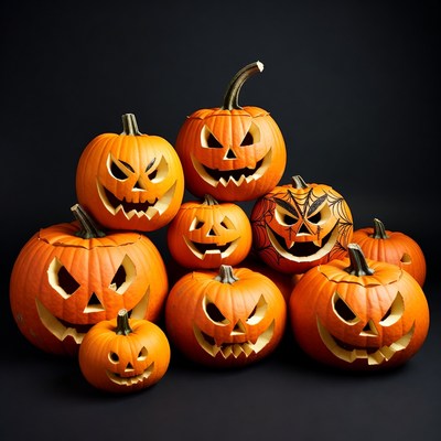 Stack of carved jack-o-lantern pumpkins