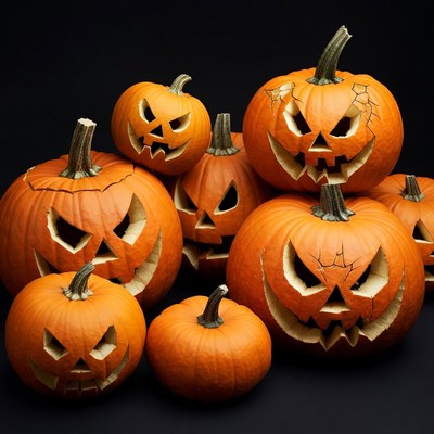Jack-o'-lantern pumpkins on black background