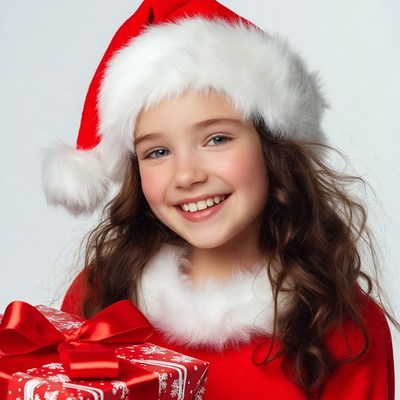 Girl holding red gift Santa hat