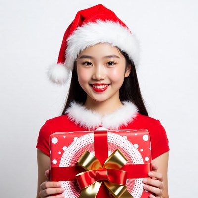 Asian girl holding Christmas gift