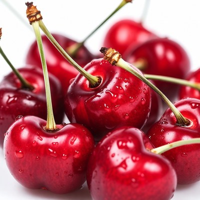 Fresh Red Cherries with Dew Drops