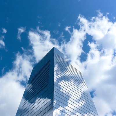 Skyscraper Reflecting Blue Sky and Clouds