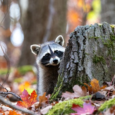 Raccoon peeking from tree stump