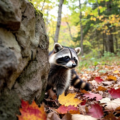 Raccoon peeking from rock in autumn forest