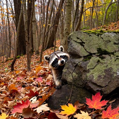 Raccoon peeking from rock in autumn forest