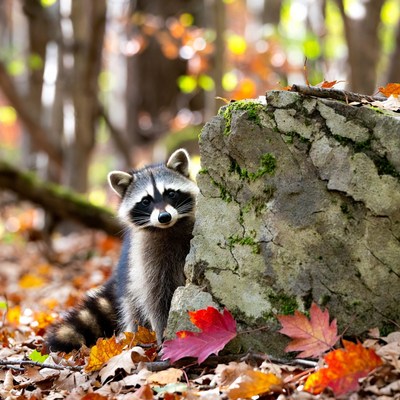 Raccoon peeking from mossy rock