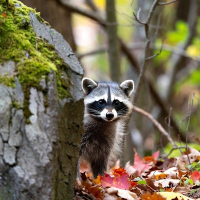 Raccoon peeking from mossy rock
