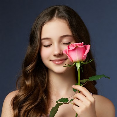 Girl smelling pink rose