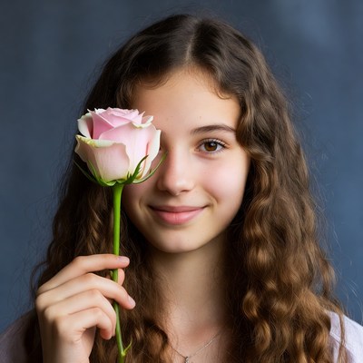 Girl holding pink rose over eye