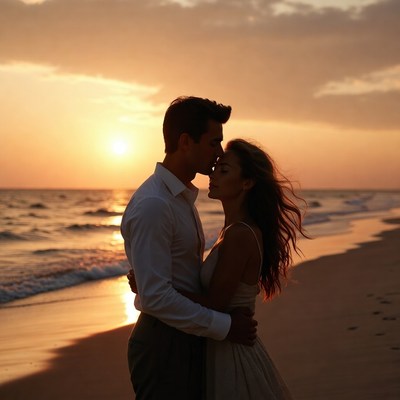 Couple embracing at sunset beach