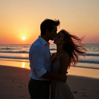 Couple kissing at sunset beach