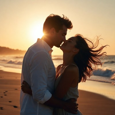 Couple kissing at sunset beach