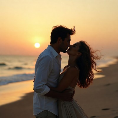 Couple kissing at sunset beach