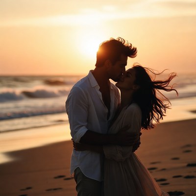 Couple kissing at sunset beach