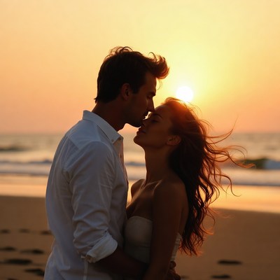 Couple kissing at sunset beach