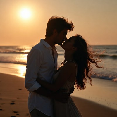 Couple kissing at sunset beach