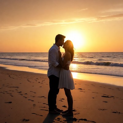 Couple kissing at sunset beach