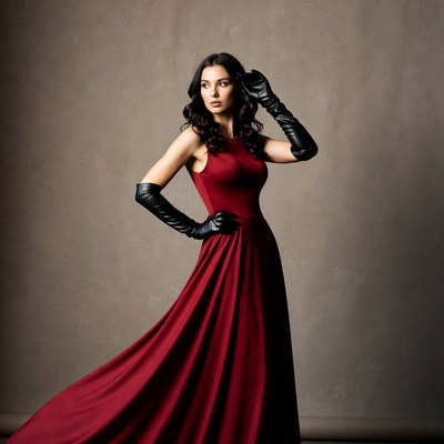 Woman in red gown with black gloves