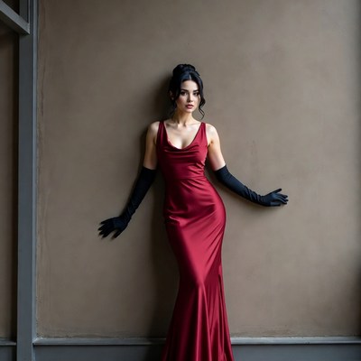 Woman in red satin gown with gloves