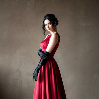 Woman in red gown with black gloves