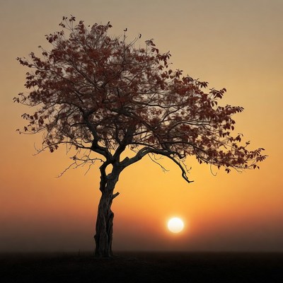 Solitary red tree at sunset