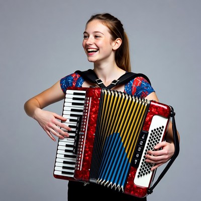 Teen girl playing red accordion