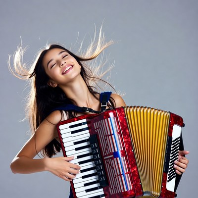 Young woman playing red accordion