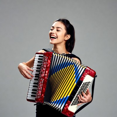 Asian girl playing red accordion