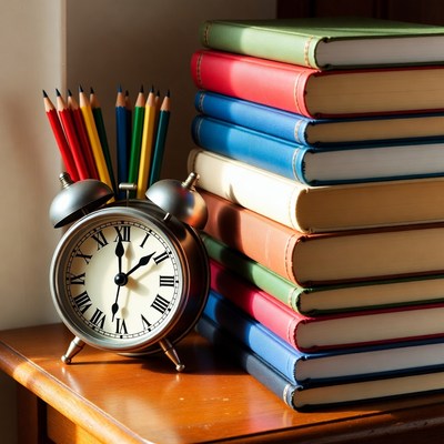 Colorful books stack with alarm clock