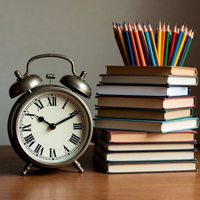 Alarm Clock with Books and Colored Pencils
