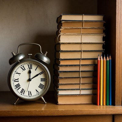 Vintage Alarm Clock with Books and Pencils
