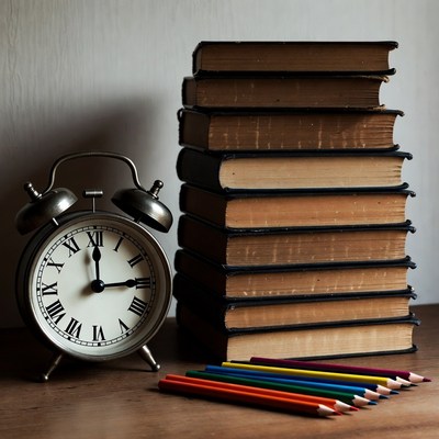 Alarm Clock with Books and Colored Pencils