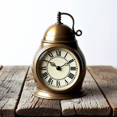 Brass Alarm Clock on Wooden Table